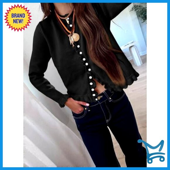 Cropped Cardigan Sweater Long Sleeve Ruffle Crew Neck Button Up Soft Knit - Picture 2 of 7